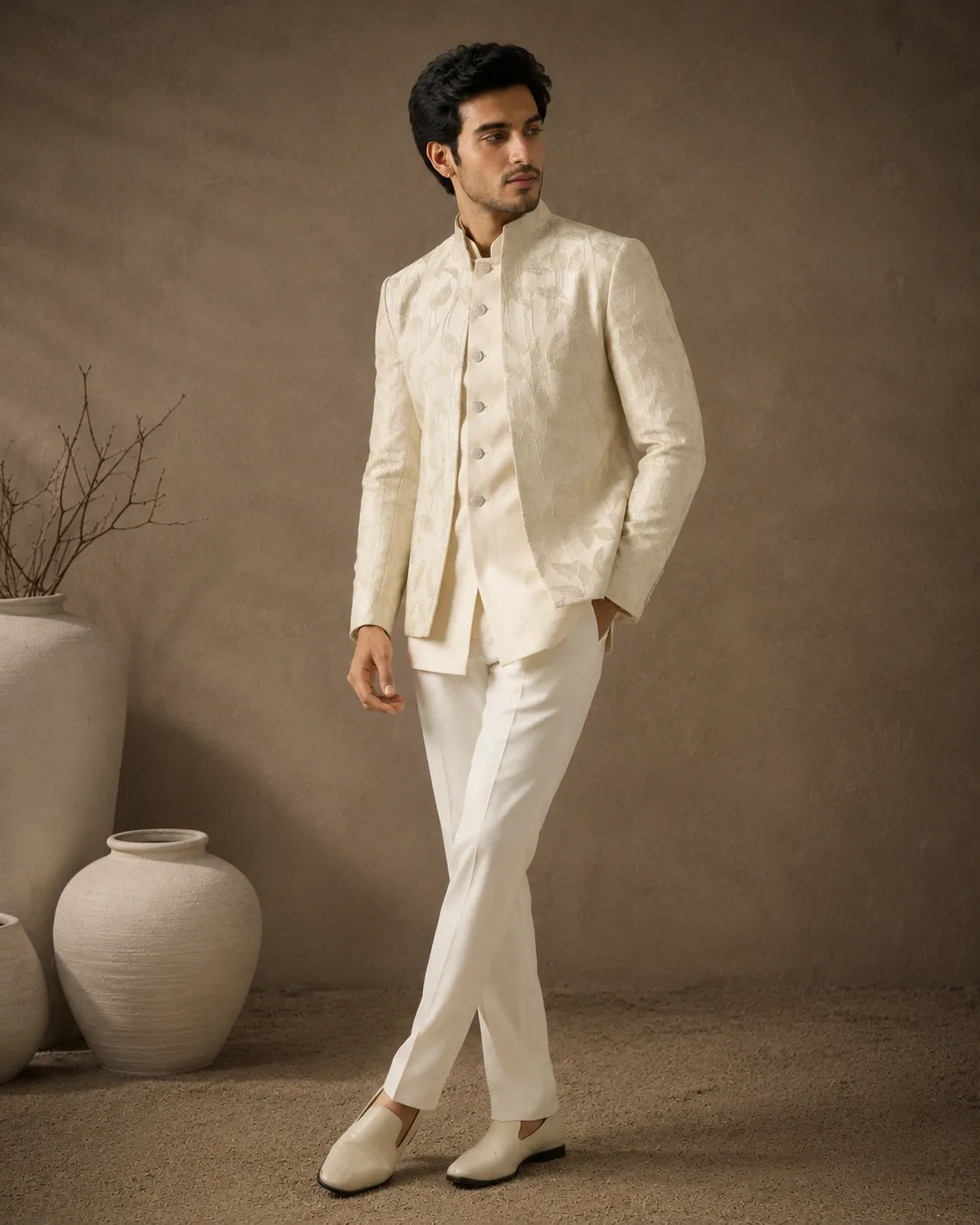 Men's Ivory Royale Embroidered Indo-Western Jacket Set with Kurta & Trousers | Premium Wedding & Reception Wear