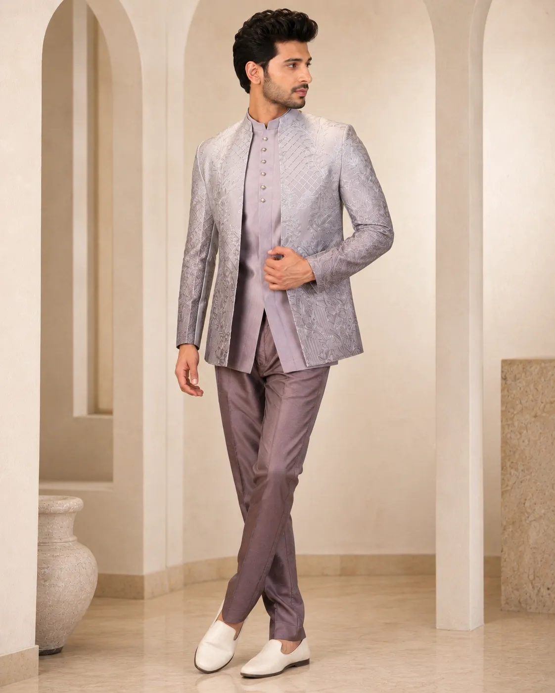Men's Silver Mist Jacquard Indo-Western Jacket Set with Kurta & Trousers | Premium Wedding, Reception & Engagement Wear