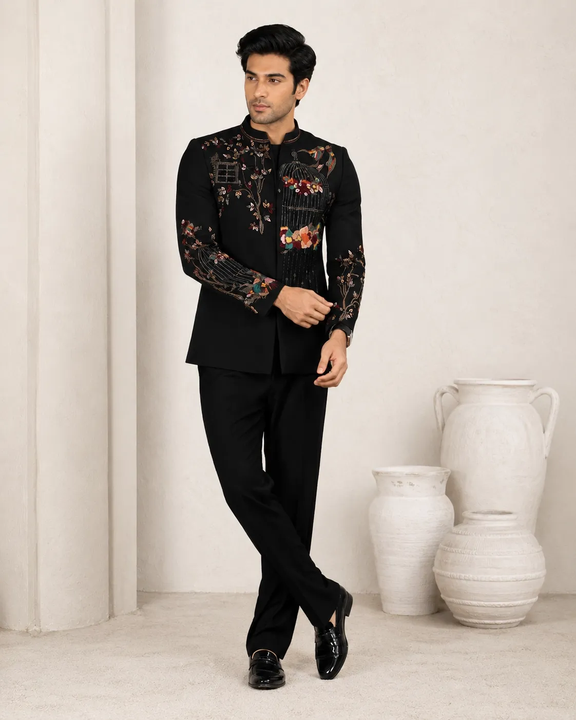 Men's Noir Aviary Black Embroidered Indo-Western Bandhgala Set with Trousers | Premium Wedding, Reception & Festive Wear