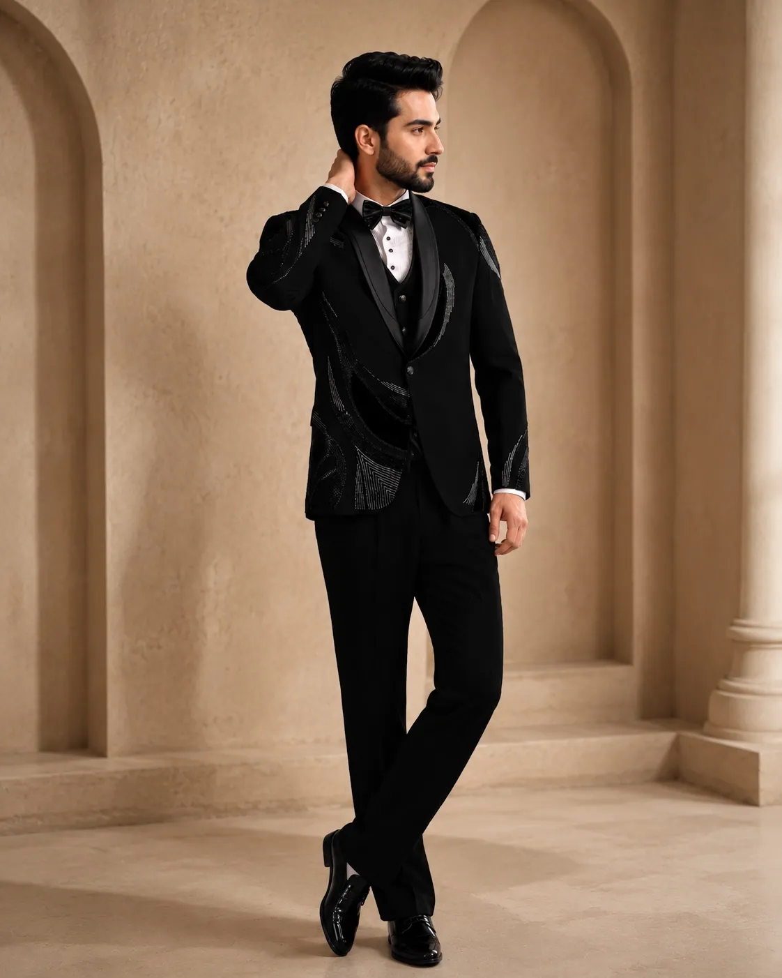 Black Sequined Shawl Lapel Tuxedo Suit for Men | Wedding & Reception Wear