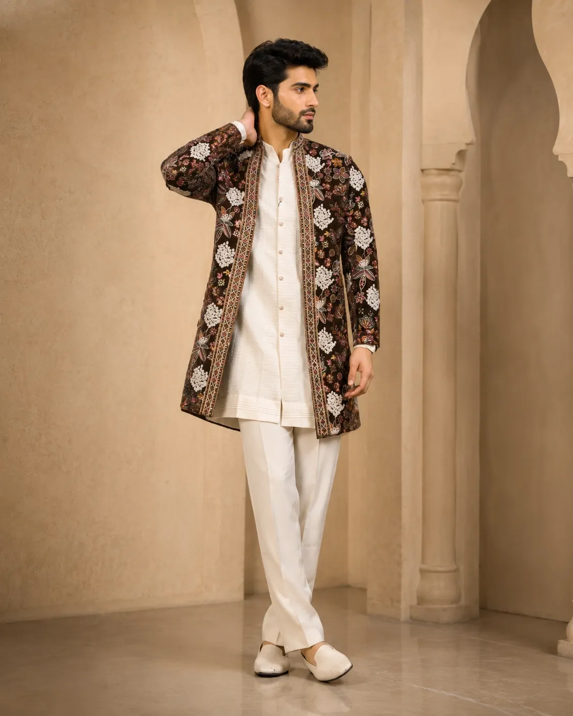 Men's Ivory Noir Heritage Indo-Western Jacket Set with Kurta & Trousers | Premium Wedding, Reception & Festive Wear