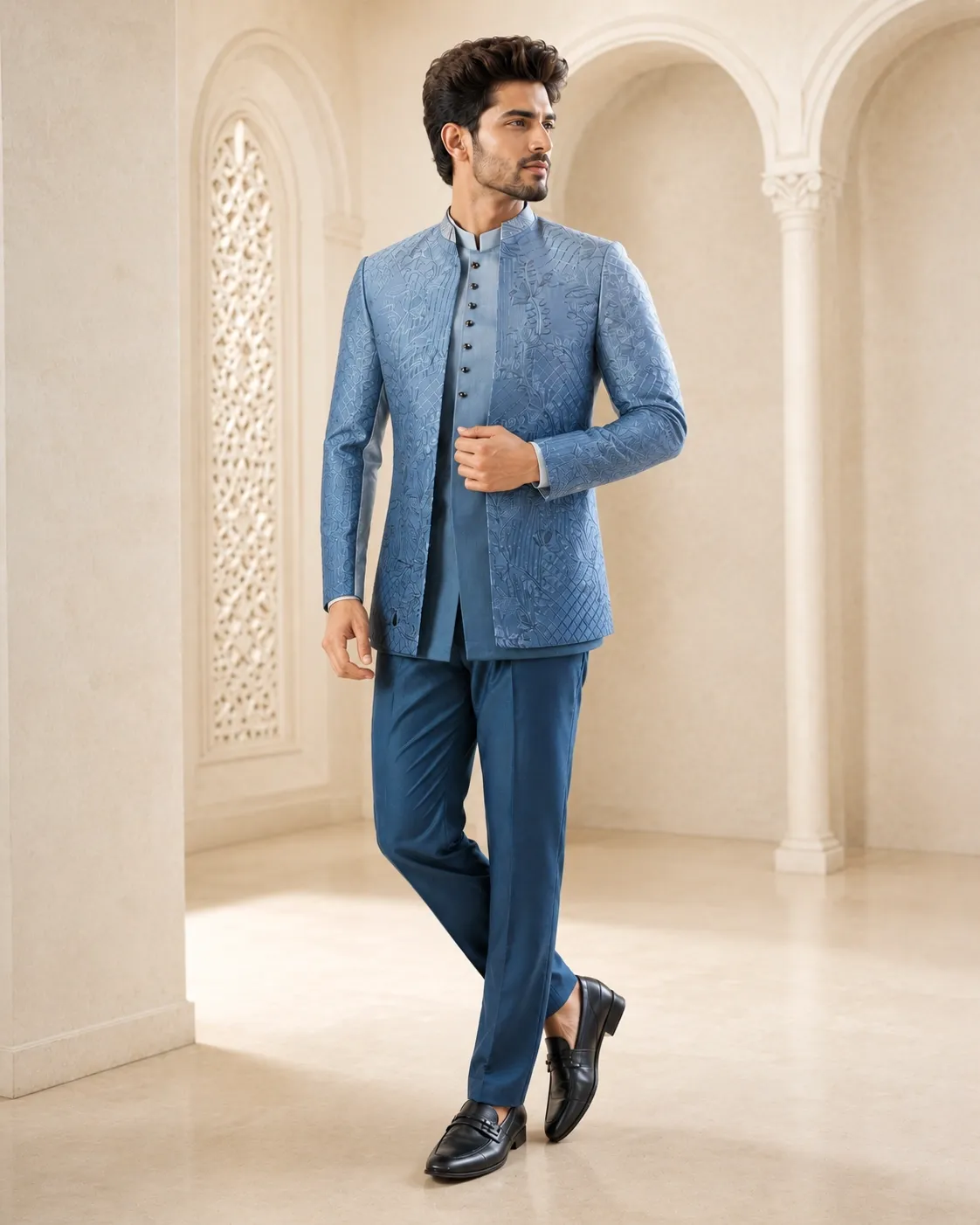 Dusty Blue Jacquard Indo-Western Set for Men | Premium Wedding Wear