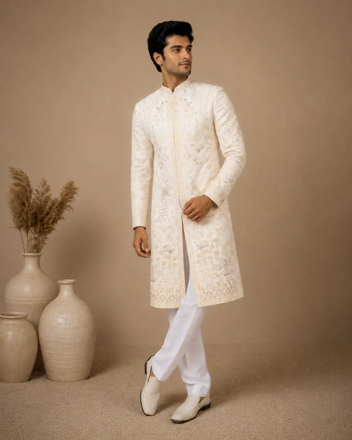 Luxury Cream Embroidered Premium Wedding Sherwani for Men
