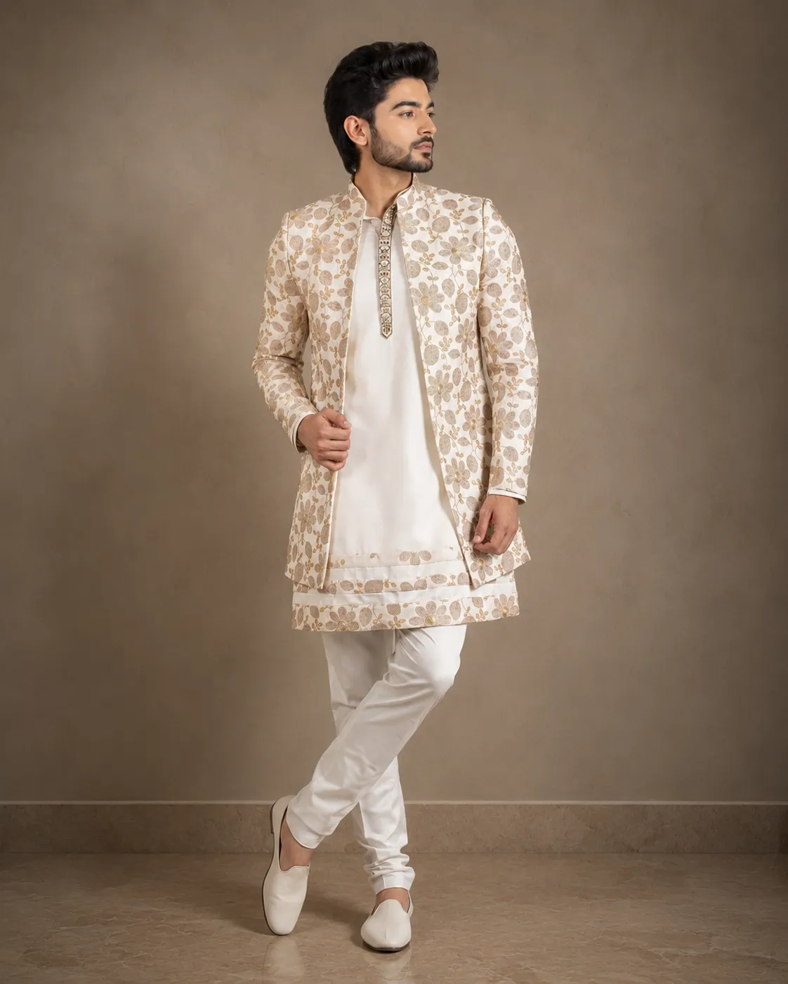 Cream Embroidered Indo-Western Jacket Set for Men | Wedding & Festive Wear