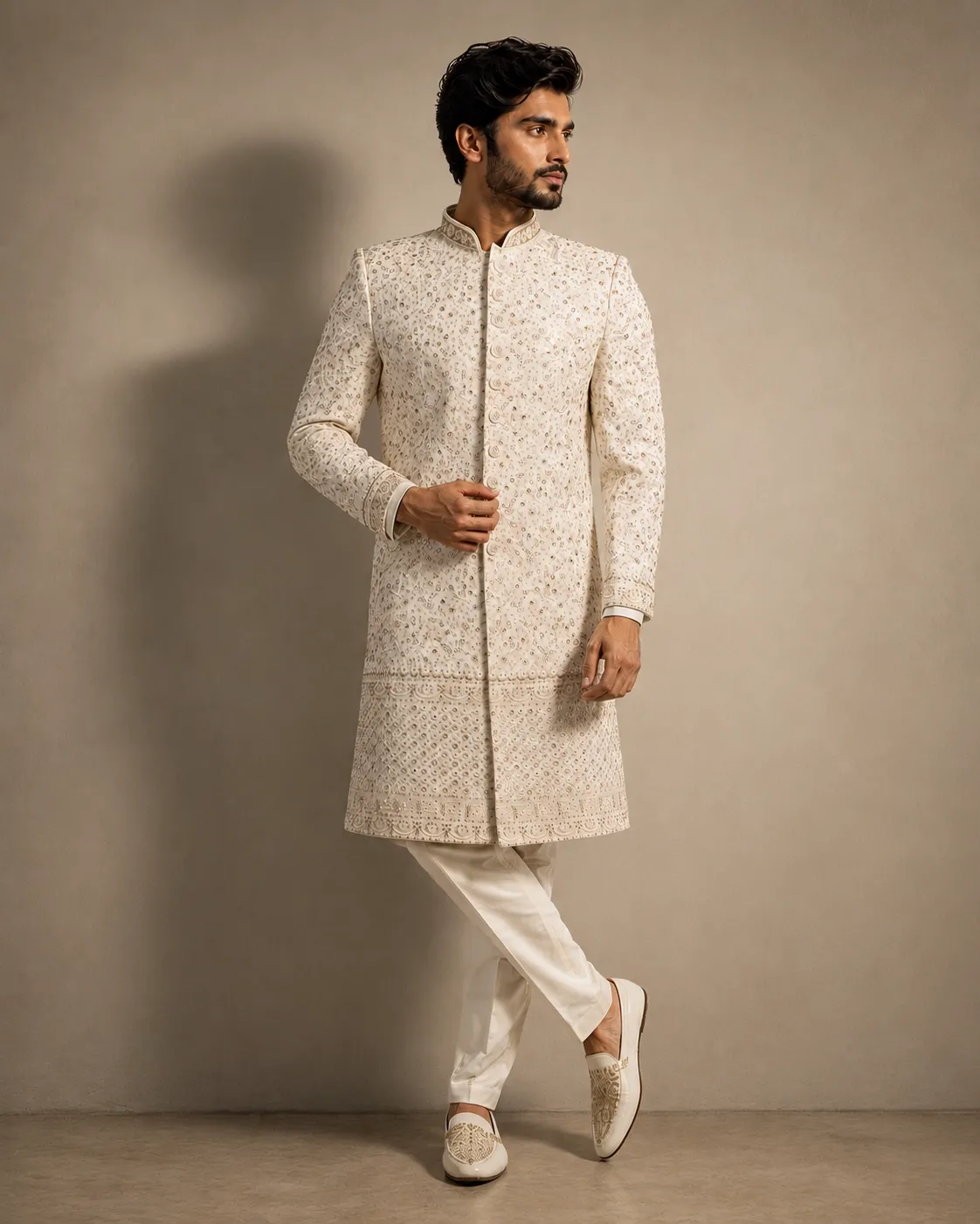 Ivory Embroidered Men's Wedding Sherwani | Premium Groom Wear
