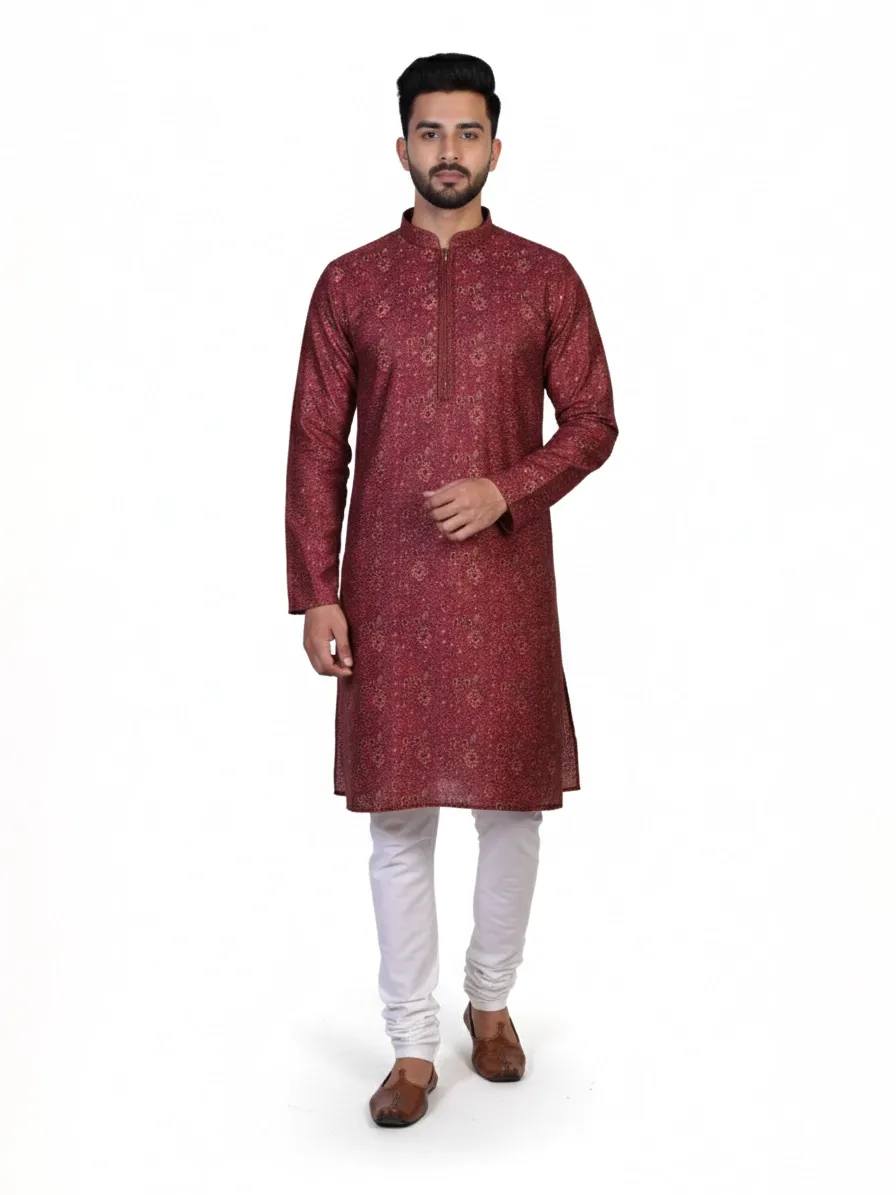Maroon Cotton Blend Floral Printed Men's Kurta | Wedding & Festive Wear