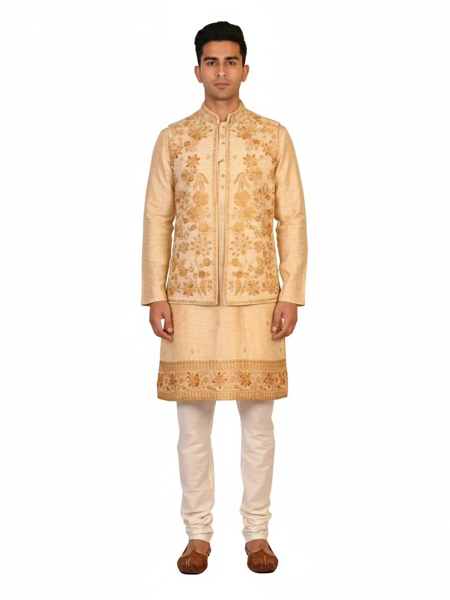 Light Golden Cotton Blend Embroidered Men's Kurta | Wedding & Festive Wear