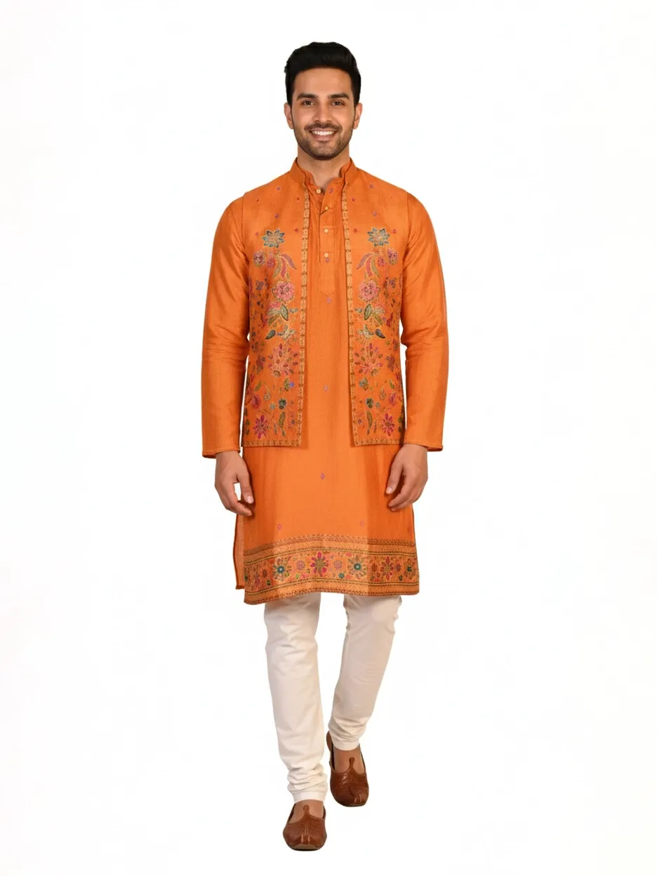 Orange Silk Blend Embroidered Men's Kurta | Wedding & Festive Wear