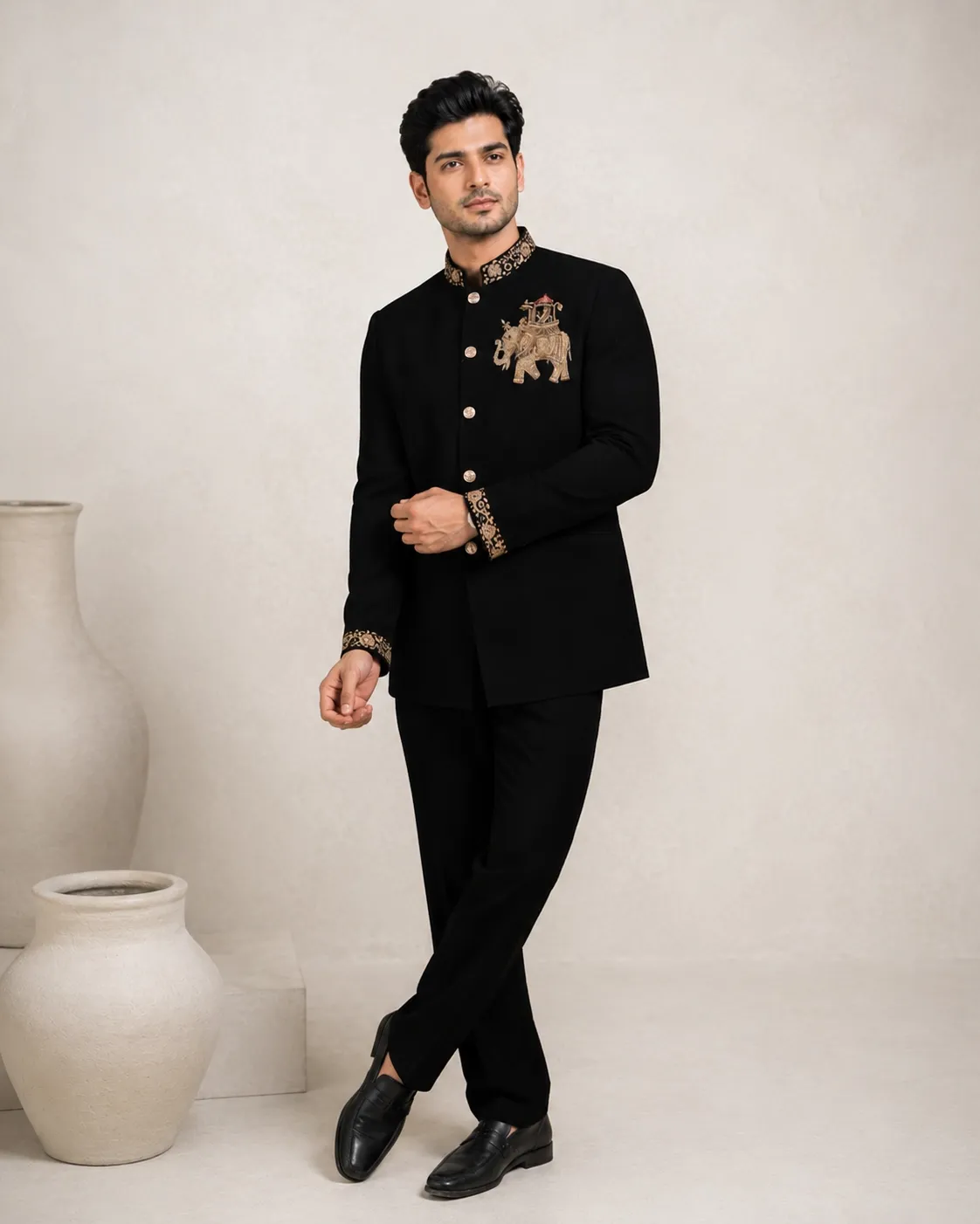 Black Elephant Embroidered Bandhgala Suit for Men | Premium Wedding & Reception Wear