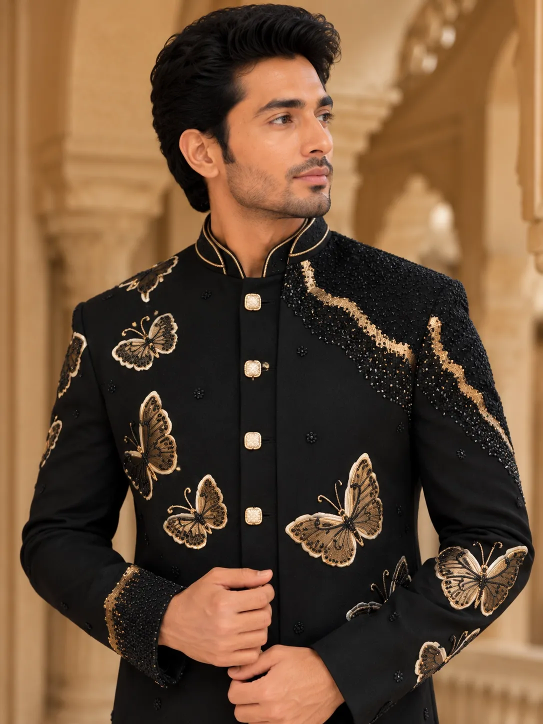 Jet Black Butterfly Embroidered Indo-Western Sherwani Set