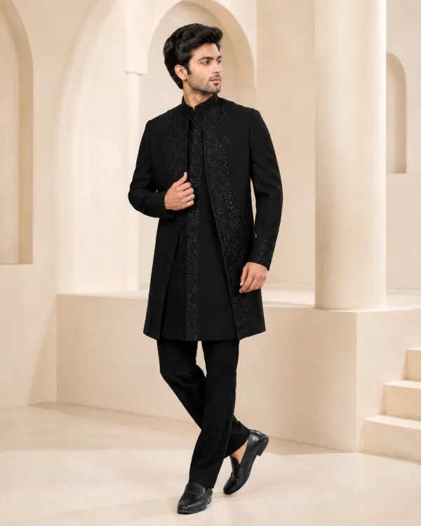 Men's Imperial Noir Black Embroidered Sherwani Set with Trousers | Premium Wedding & Reception Wear