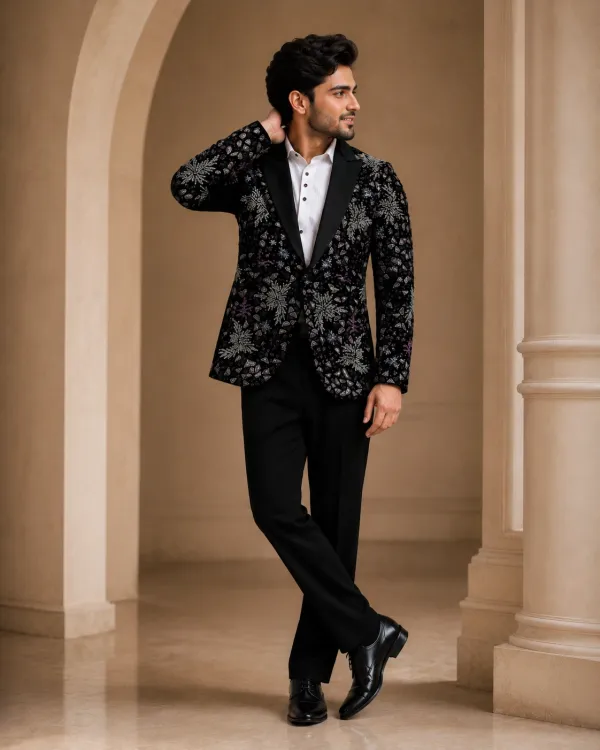 Black Embellished Men's Tuxedo Suit | Premium Reception & Party Wear