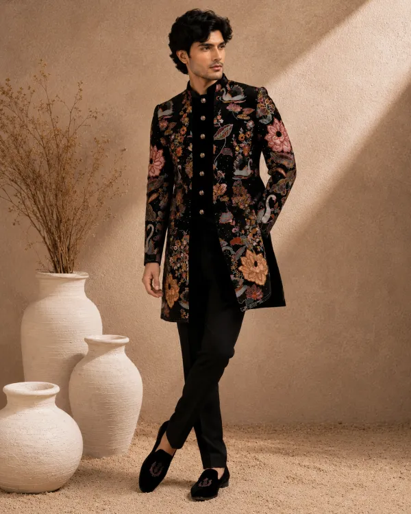 Men's Noir Jardin Black Floral Embroidered Sherwani with Trousers | Premium Wedding, Reception & Festive Wear