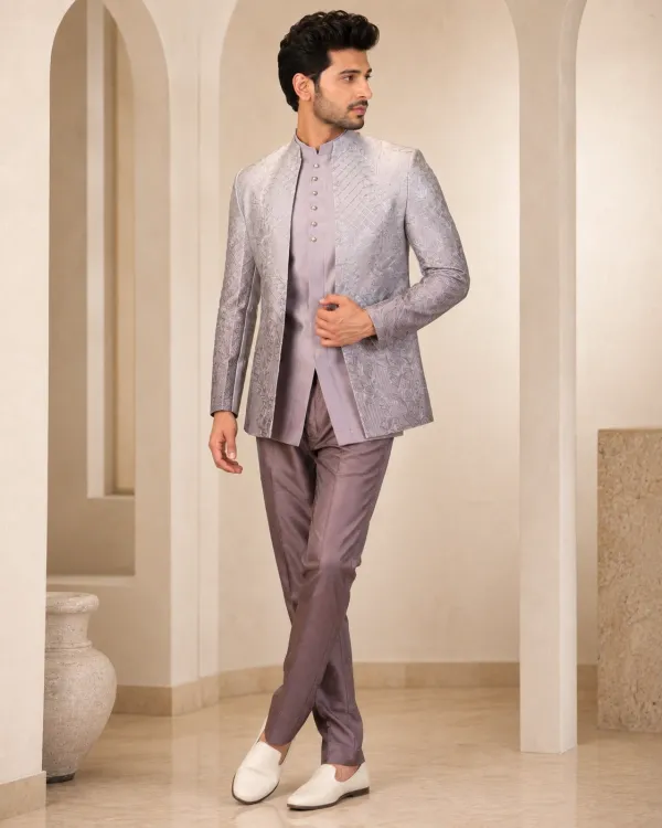Men's Silver Mist Jacquard Indo-Western Jacket Set with Kurta & Trousers | Premium Wedding, Reception & Engagement Wear