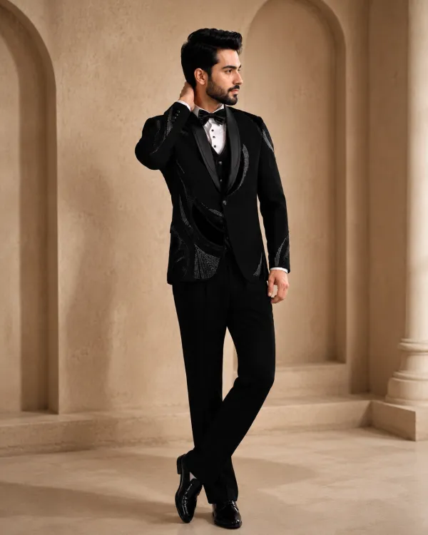 Black Sequined Shawl Lapel Tuxedo Suit for Men | Wedding & Reception Wear