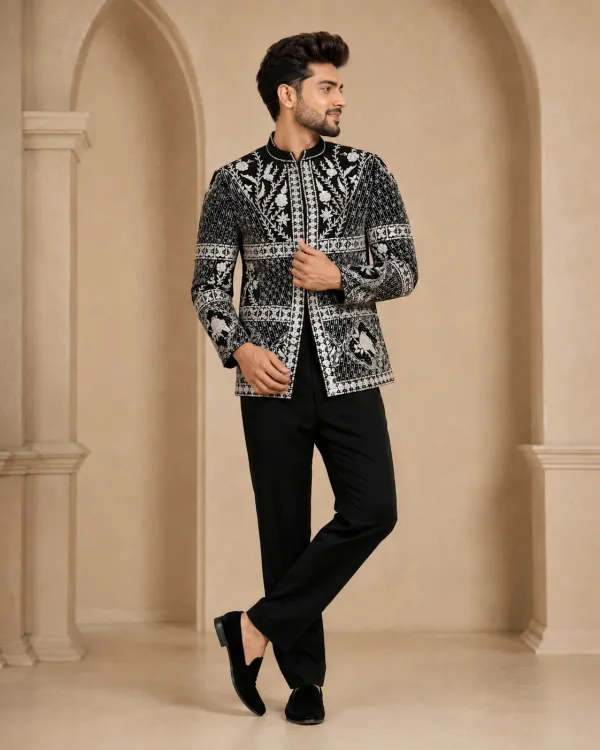 Men's Noir Ivory Artisan Embroidered Indo-Western Bandhgala Set with Trousers | Premium Wedding, Reception & Festive Wear