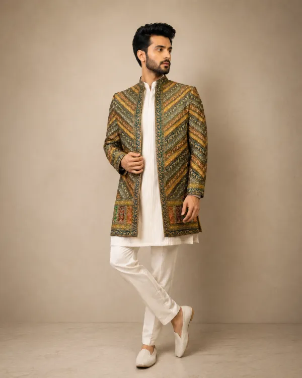 Multicolor Embroidered Indo-Western Jacket Set for Men | Wedding & Festive Wear