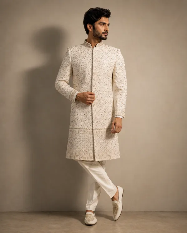 Ivory Embroidered Men's Wedding Sherwani | Premium Groom Wear