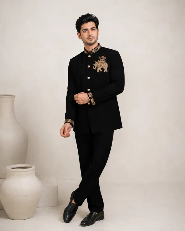 Black Elephant Embroidered Bandhgala Suit for Men | Premium Wedding & Reception Wear