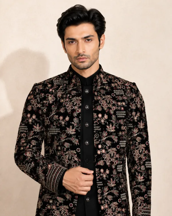 Men's Noir Heritage Black Embroidered Sherwani with Trousers | Premium Wedding, Reception & Festive Wear