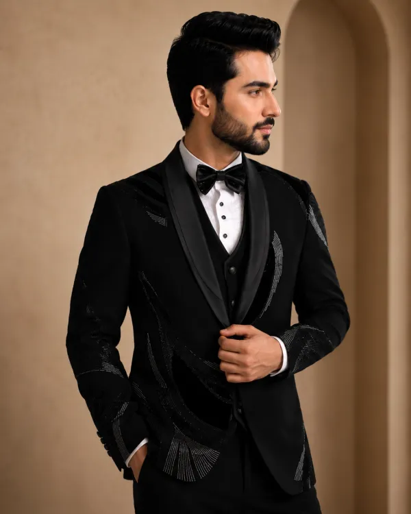 Black Sequined Shawl Lapel Tuxedo Suit for Men | Wedding & Reception Wear
