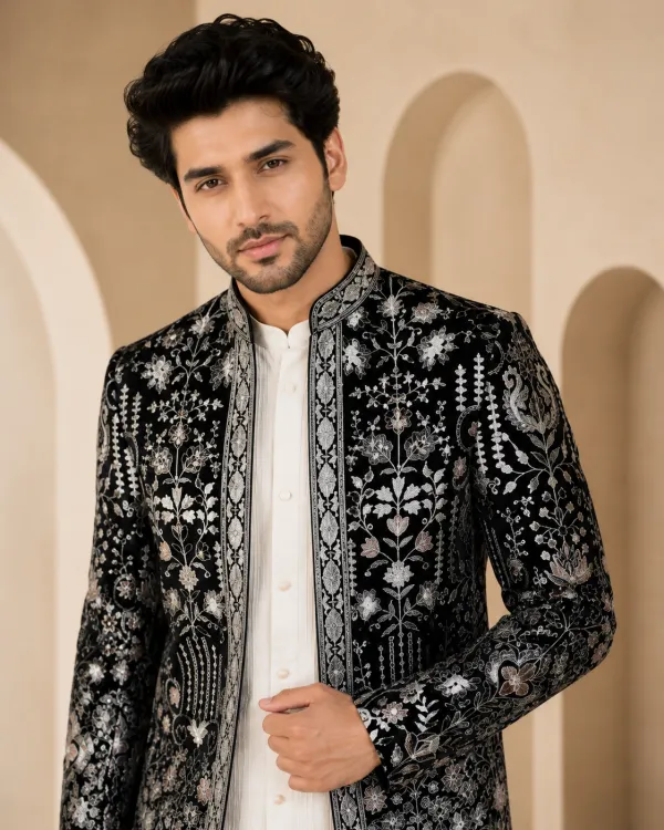 Black Embroidered Indo-Western Set for Men | Premium Wedding Wear