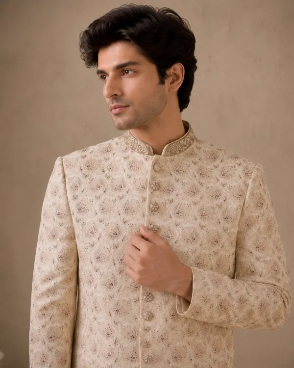 Cream Embroidered Men's Sherwani Set with Dupatta | Premium Wedding Wear