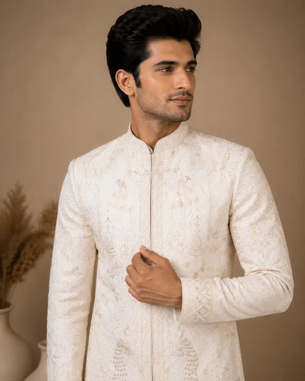 Luxury Cream Embroidered Premium Wedding Sherwani for Men