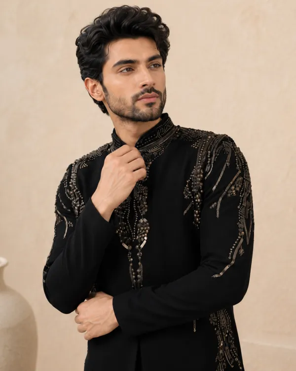 Navy & Black Embroidered Indo-Western Jacket Set for Men | Wedding & Festive Wear