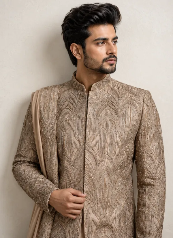 Chiku Embroidered Men's Wedding Sherwani | Premium Groom Wear