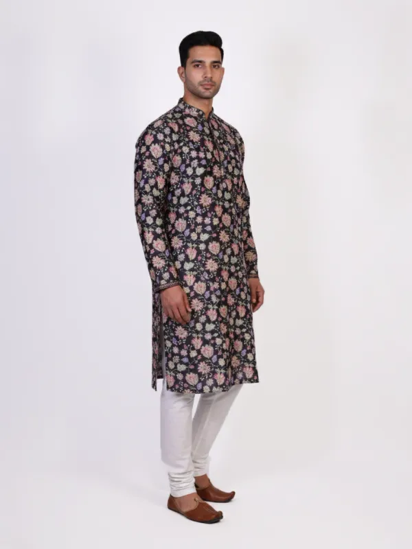 Black Raw Silk Floral Printed Men's Kurta | Wedding & Festive Wear