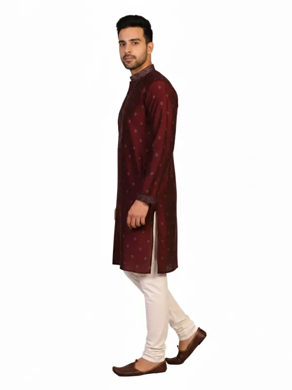White Hanger Maroon Silk Blend Embroidered Men's Kurta | Wedding & Festive Wear