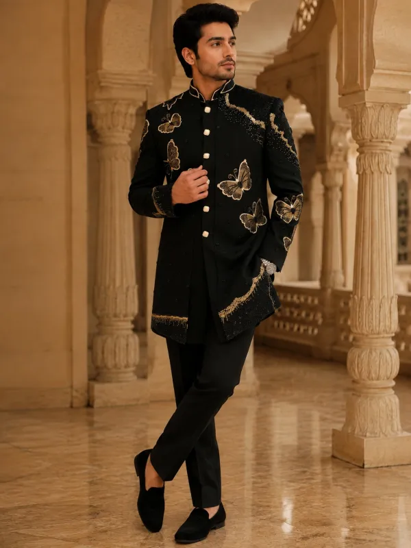 Jet Black Butterfly Embroidered Indo-Western Sherwani Set