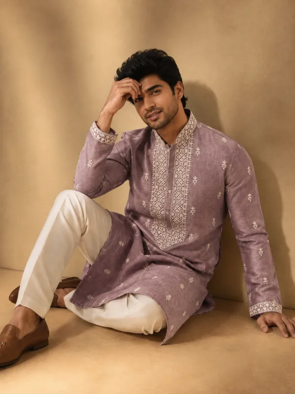 Dusty Mauve Embroidered Silk Kurta Set