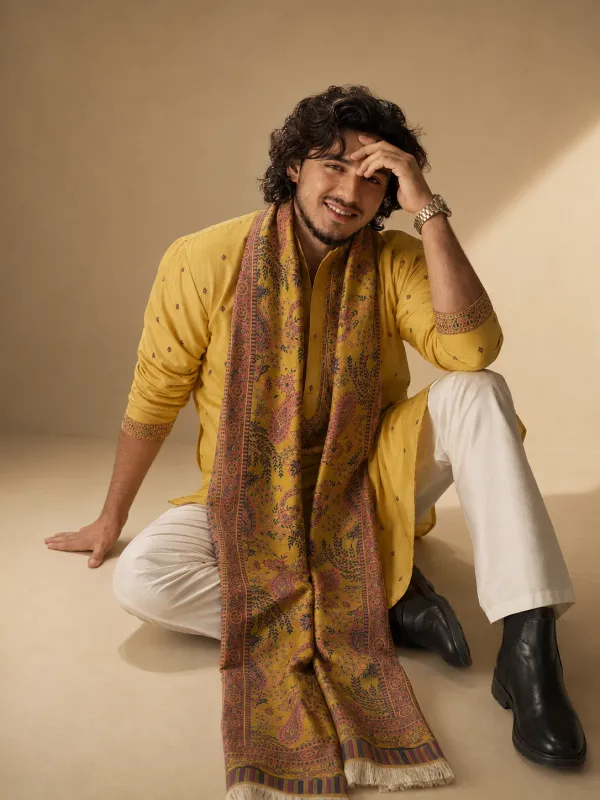 Kurta Mustard Yellow Printed Kurta Pyjama Set with Paisley Motif Stole/Dupatta
