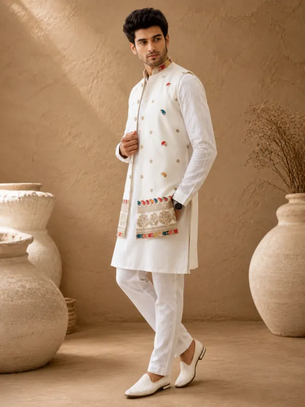 Off-White Kurta Nehru Jacket Set with Multi-Color Motif & Border Embroidery