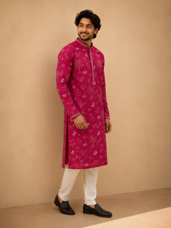 Rani Pink Tropical Motif Printed Kurta Set