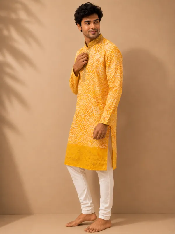 Sunshine Yellow Geometric Printed Silk Kurta Set