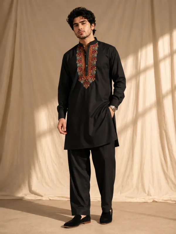 Onyx Black Yoke Embroidered Kurta Pathani Set