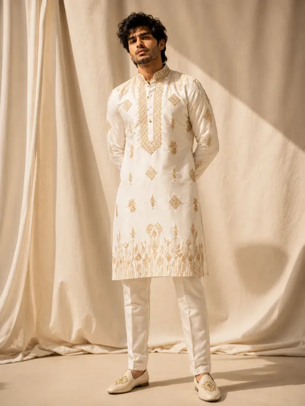 Pearl White Gold Embroidered Silk Kurta Set