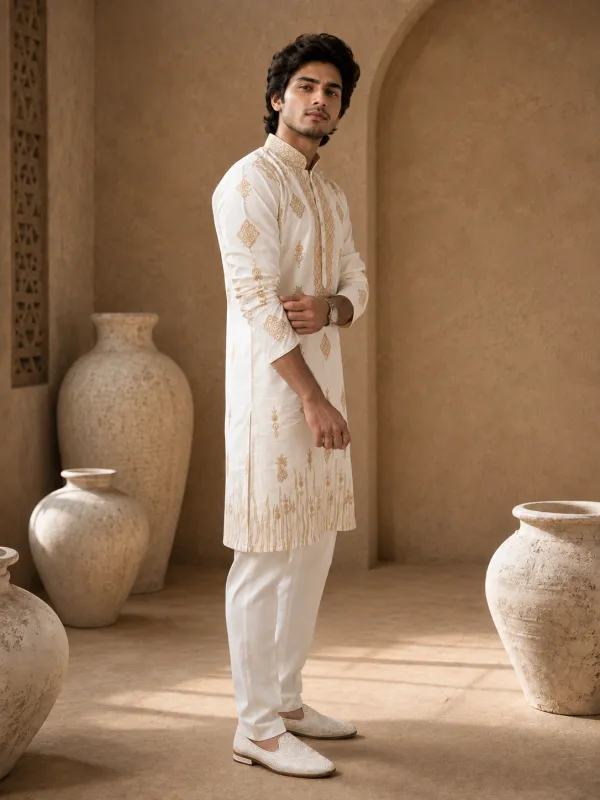 Men’s Ivory Gold Buti Embroidered Kurta Pajama Set
