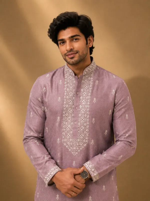 Dusty Mauve Embroidered Silk Kurta Set