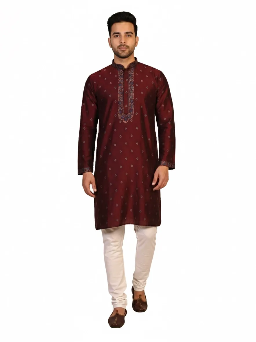 White Hanger Maroon Silk Blend Embroidered Men's Kurta | Wedding & Festive Wear