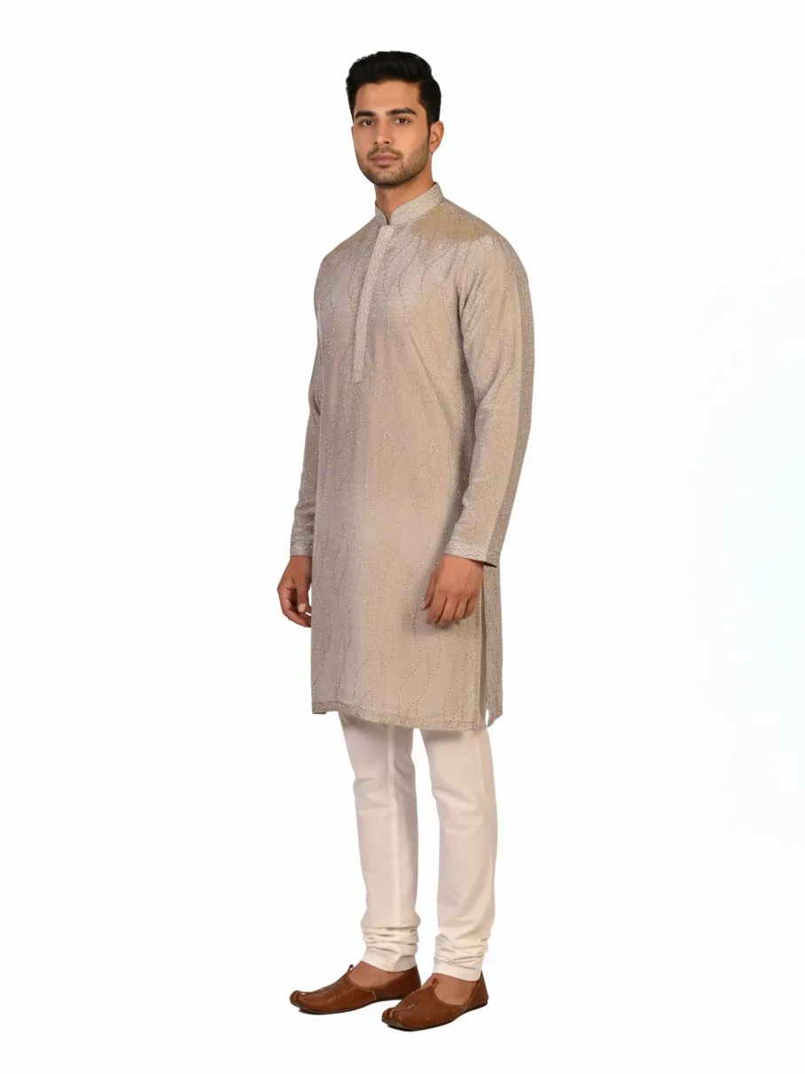 Grey Tissue Silk Embroidered Men's Kurta | Wedding & Festive Wear