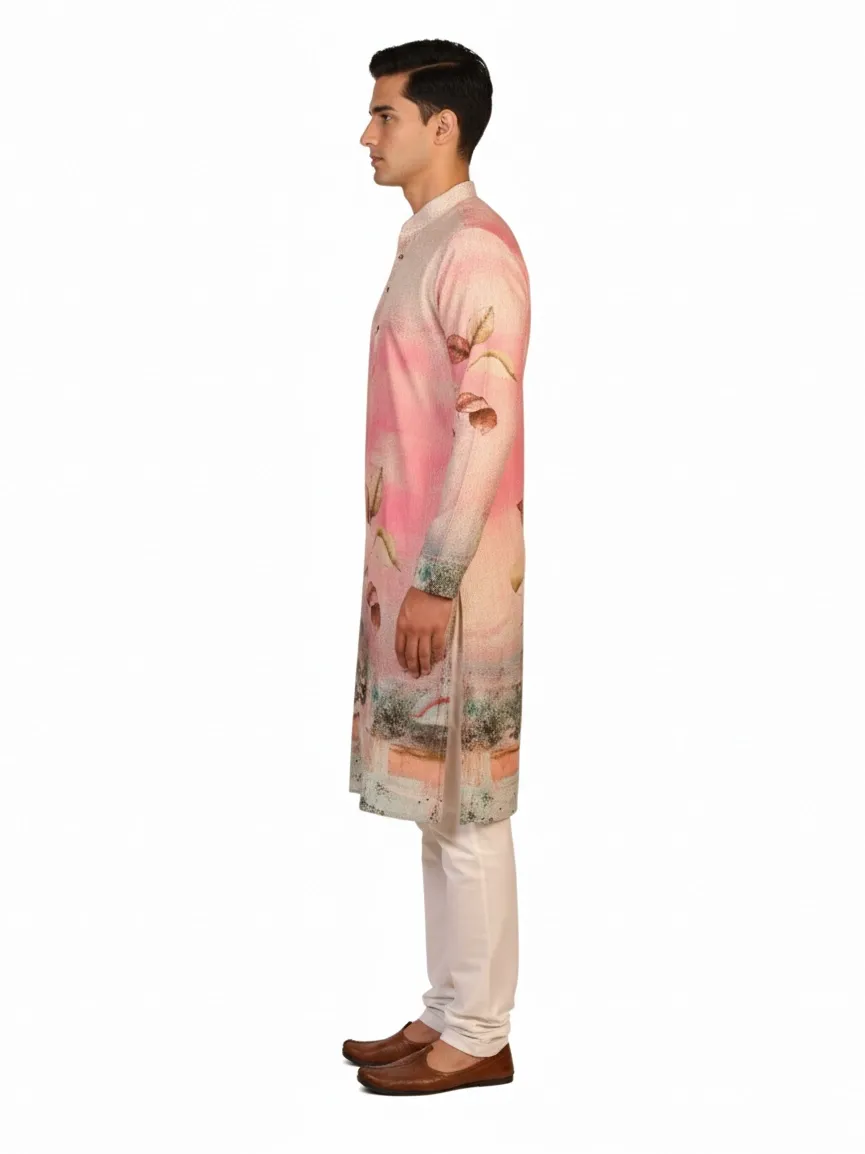 Black Raw Silk Floral Printed Men's Kurta | Wedding & Festive Wear