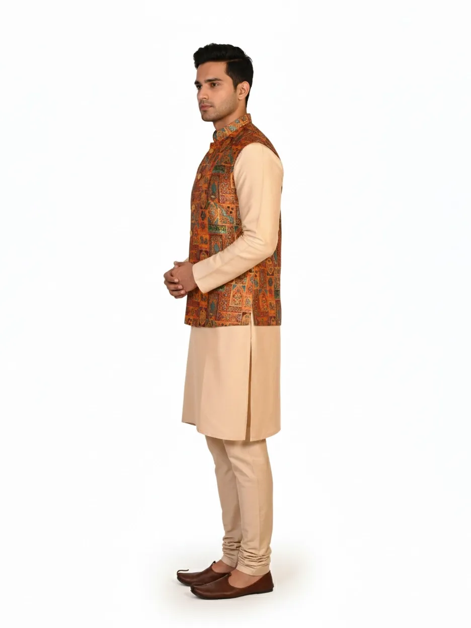 White Hanger Orange Silk Embroidered Nehru Jacket Kurta Set for Men | Wedding Wear