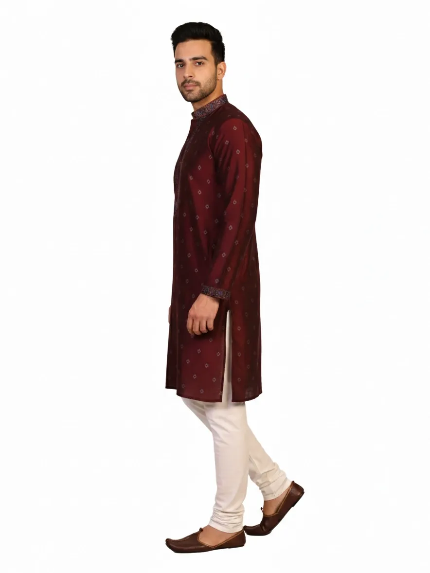White Hanger Maroon Silk Blend Embroidered Men's Kurta | Wedding & Festive Wear