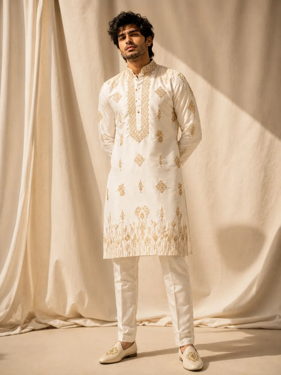 Pearl White Gold Embroidered Silk Kurta Set