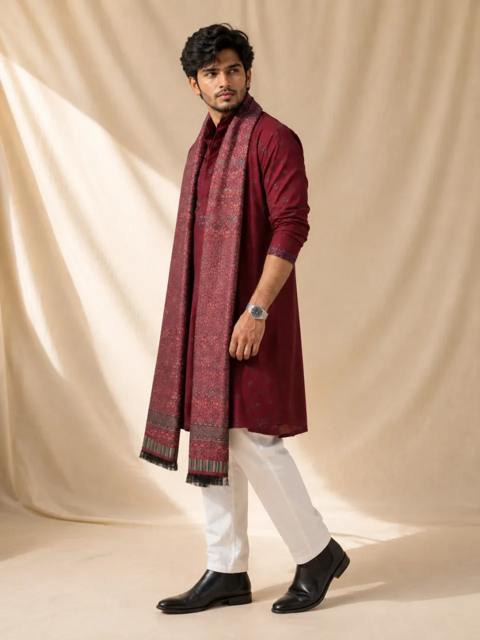 Wine / Maroon Printed Kurta Set with Intricate Jacquard Stole